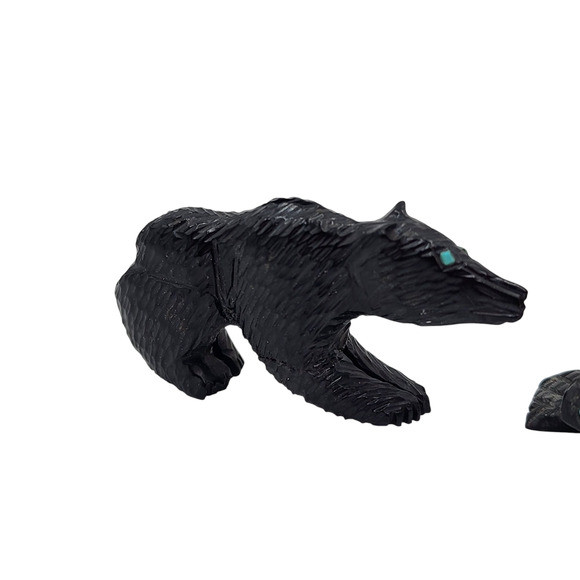 Native American Zuni Hand Carved Bear Alligator Fetishes Black Stone Turquoise - Picture 2 of 14